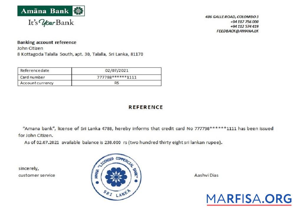 Downloadable Sri Lanka Amana bank reference download for verification